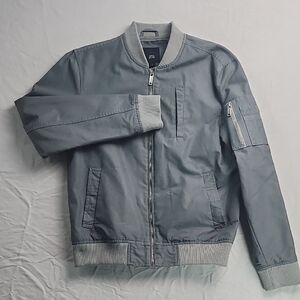 River Island  Blue-Grey Bomber Jacket with Ribbed Cuffs and Relaxed Fit